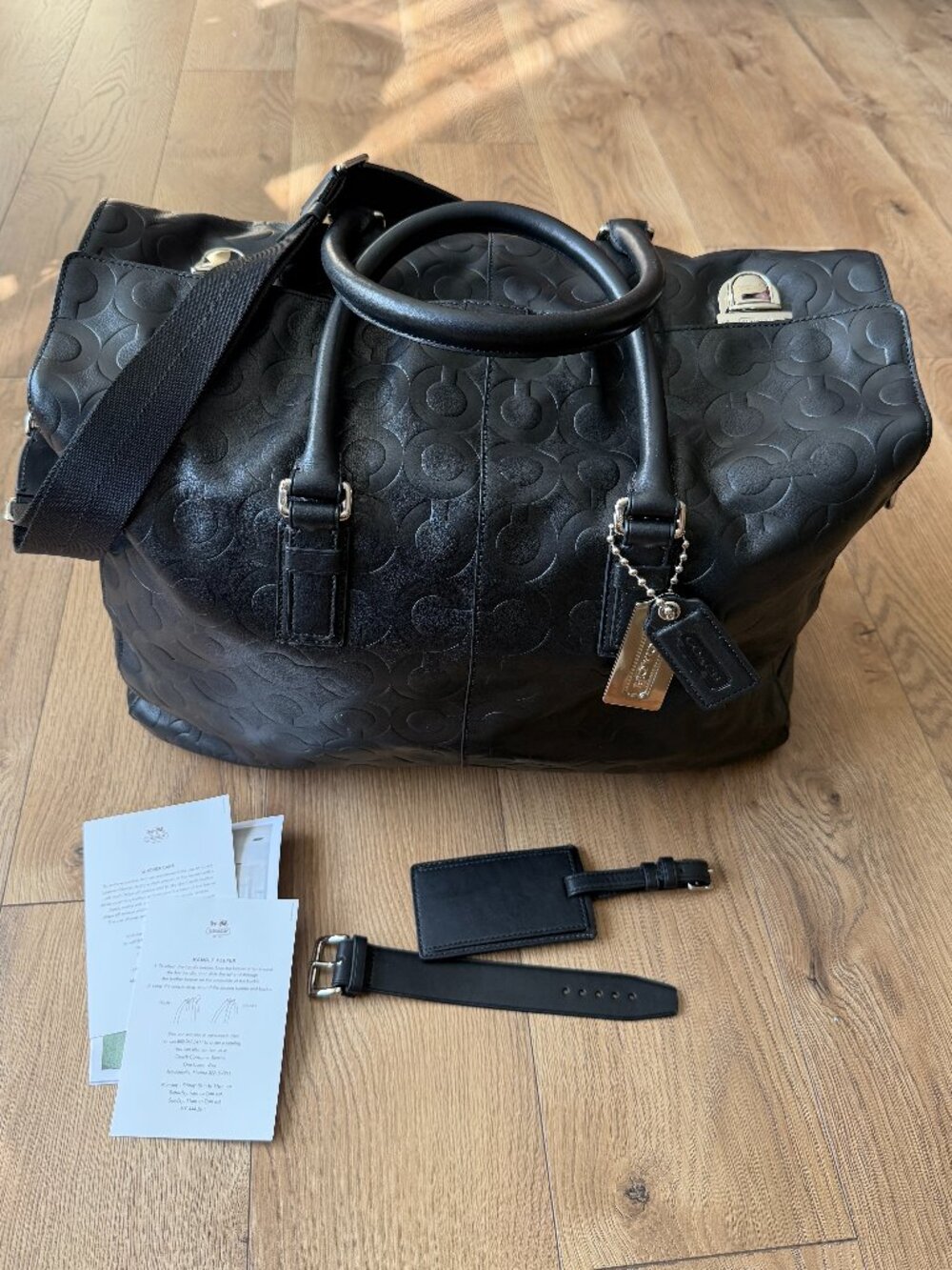COACH Boston Duffle (Carry-on Bag) Black Leather Embossed C Style 70254 UNISEX